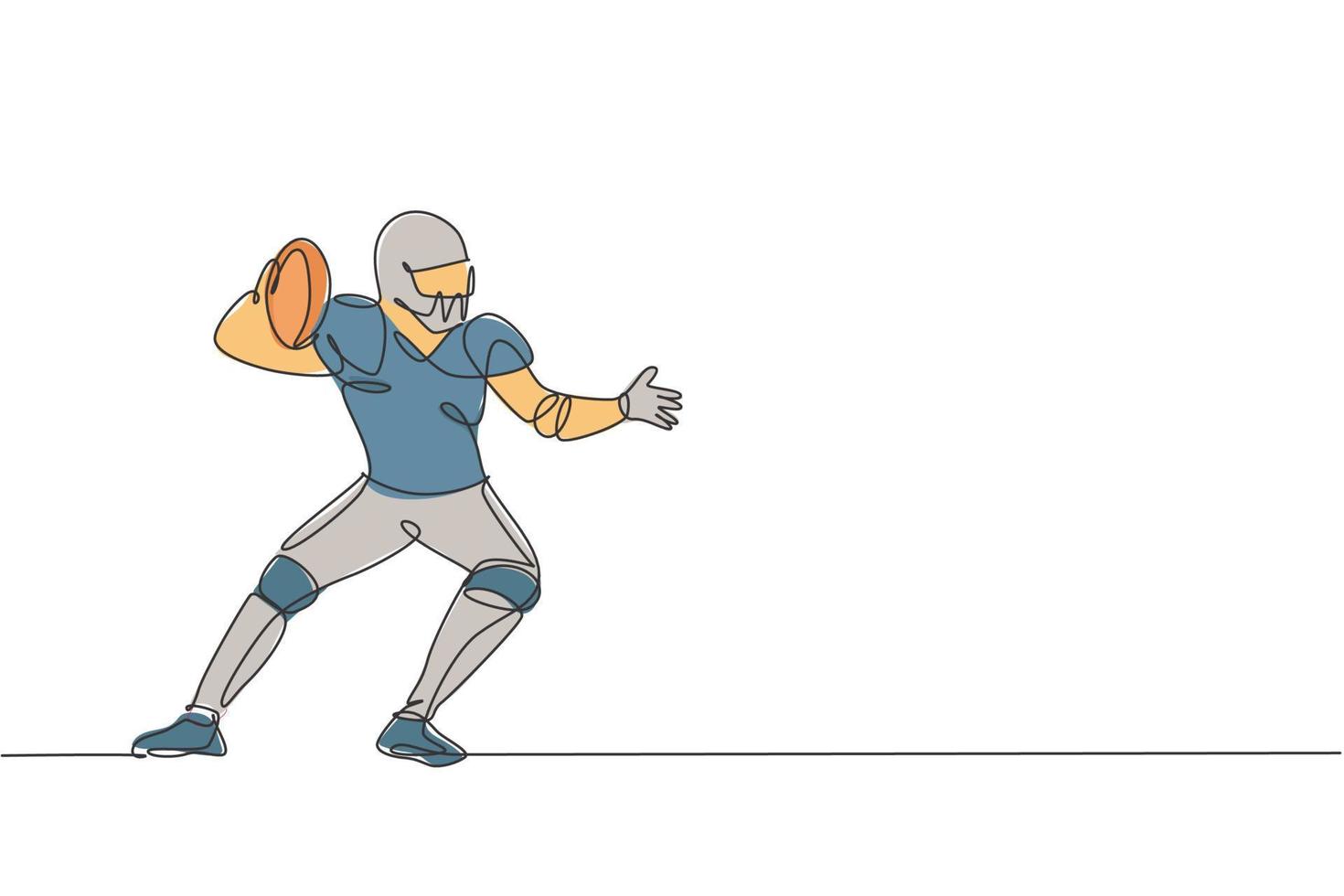 dibujo de una sola línea continua joven hombre ágil jugador de fútbol americano postura para pasar el balón para los medios de competencia. concepto de ejercicio deportivo. ilustración gráfica de vector de diseño de dibujo de una línea de moda