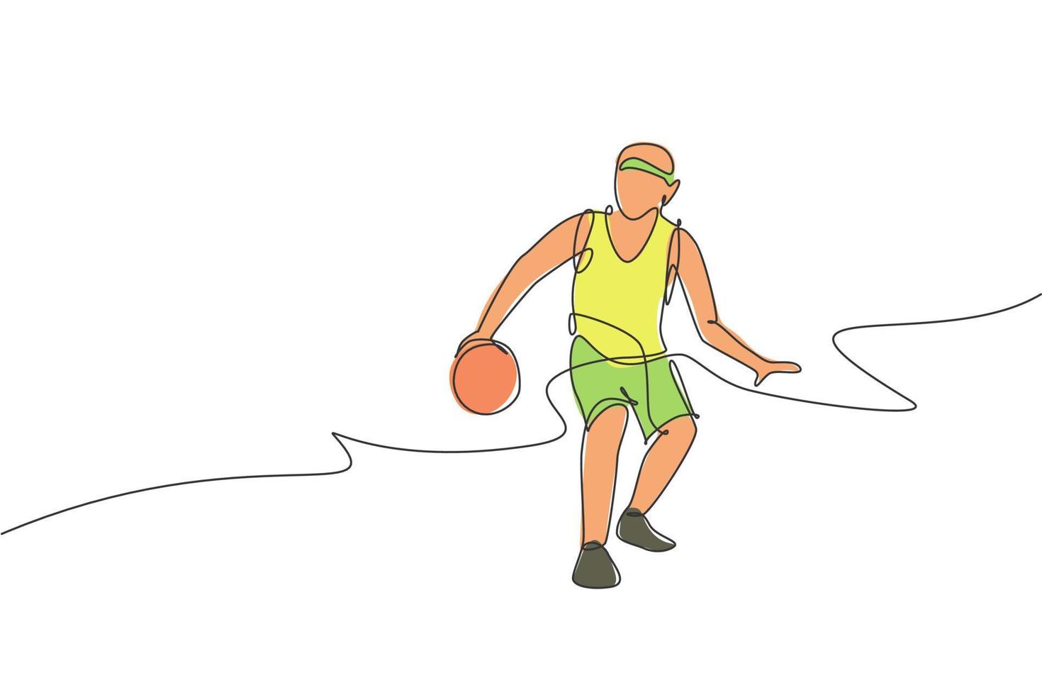 un dibujo de línea continua del entrenamiento de un joven jugador de baloncesto en el campo de la cancha. concepto de deporte de equipo. Ilustración de vector gráfico de diseño de dibujo de línea única dinámica para póster y pancarta de competición deportiva