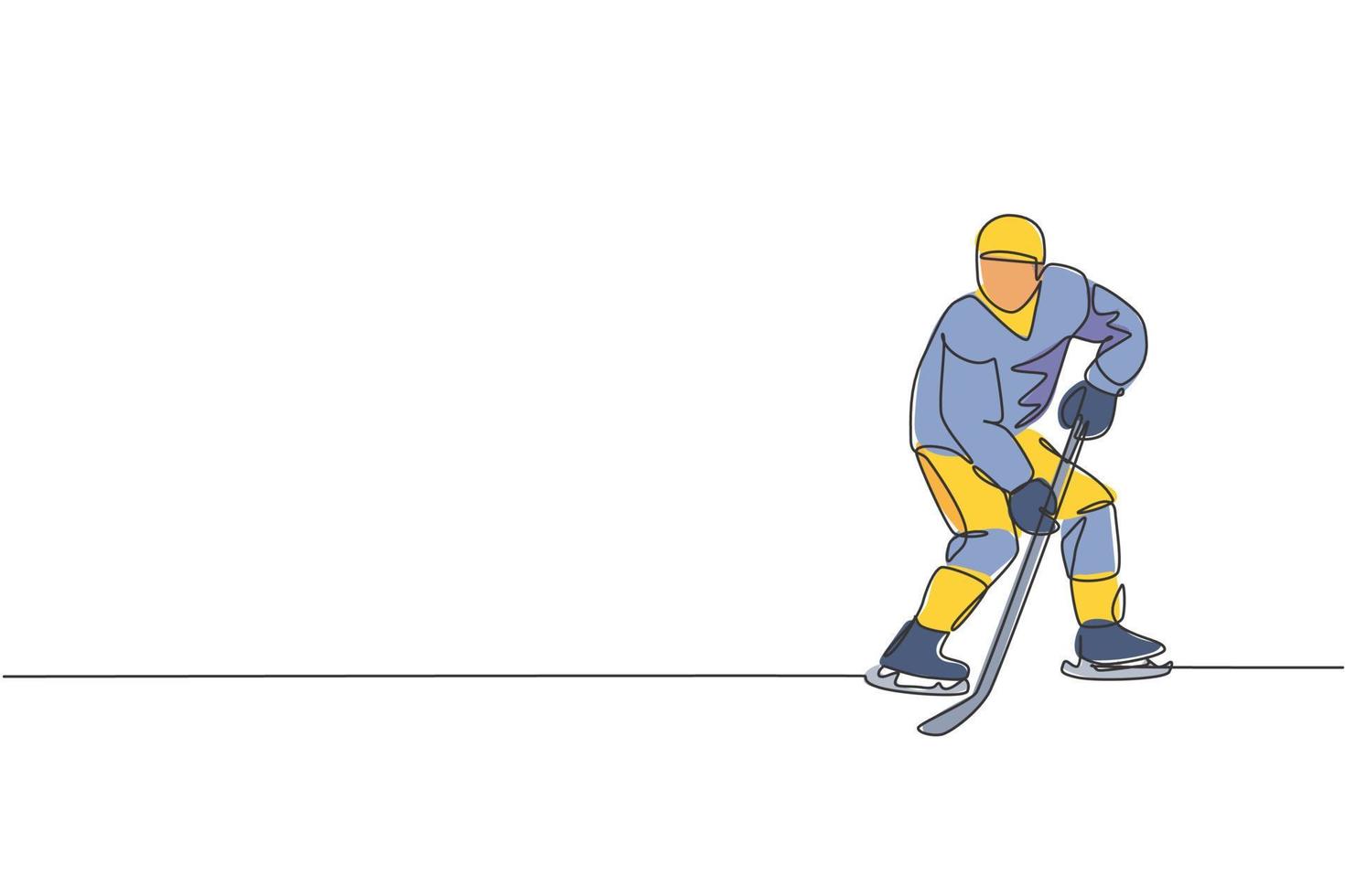 dibujo de una sola línea continua de un joven jugador profesional de hockey sobre hielo golpeó el disco y atacó en la arena de la pista de hielo. concepto de deporte extremo de invierno. gráfico de ilustración vectorial de diseño de dibujo de una línea de moda vector