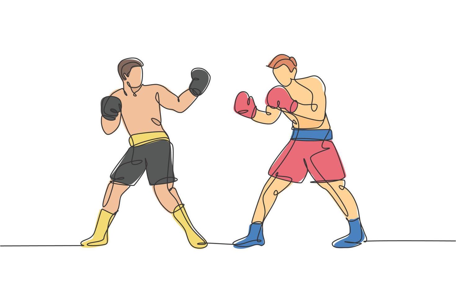 Single continuous line drawing of two young agile men boxer provoke rival at boxing match. Fair combative sport concept. Trendy one line draw design vector illustration for boxing game promotion media