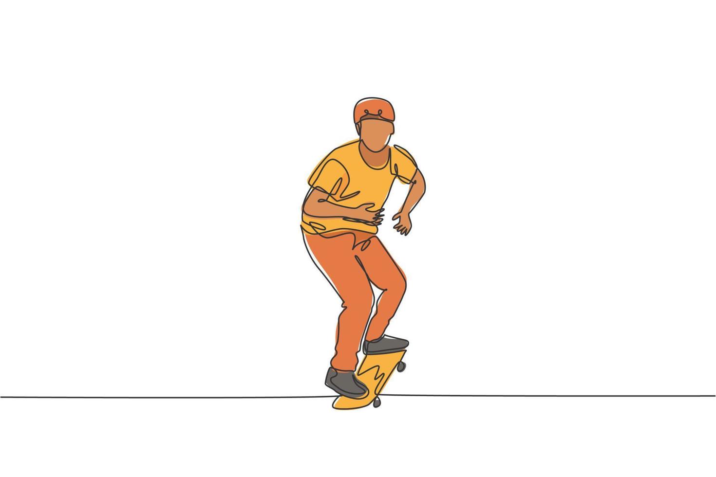 Single continuous line drawing of young cool skateboarder man riding skate and performing trick in skate park. Practicing outdoor sport concept. Trendy one line draw design vector illustration graphic