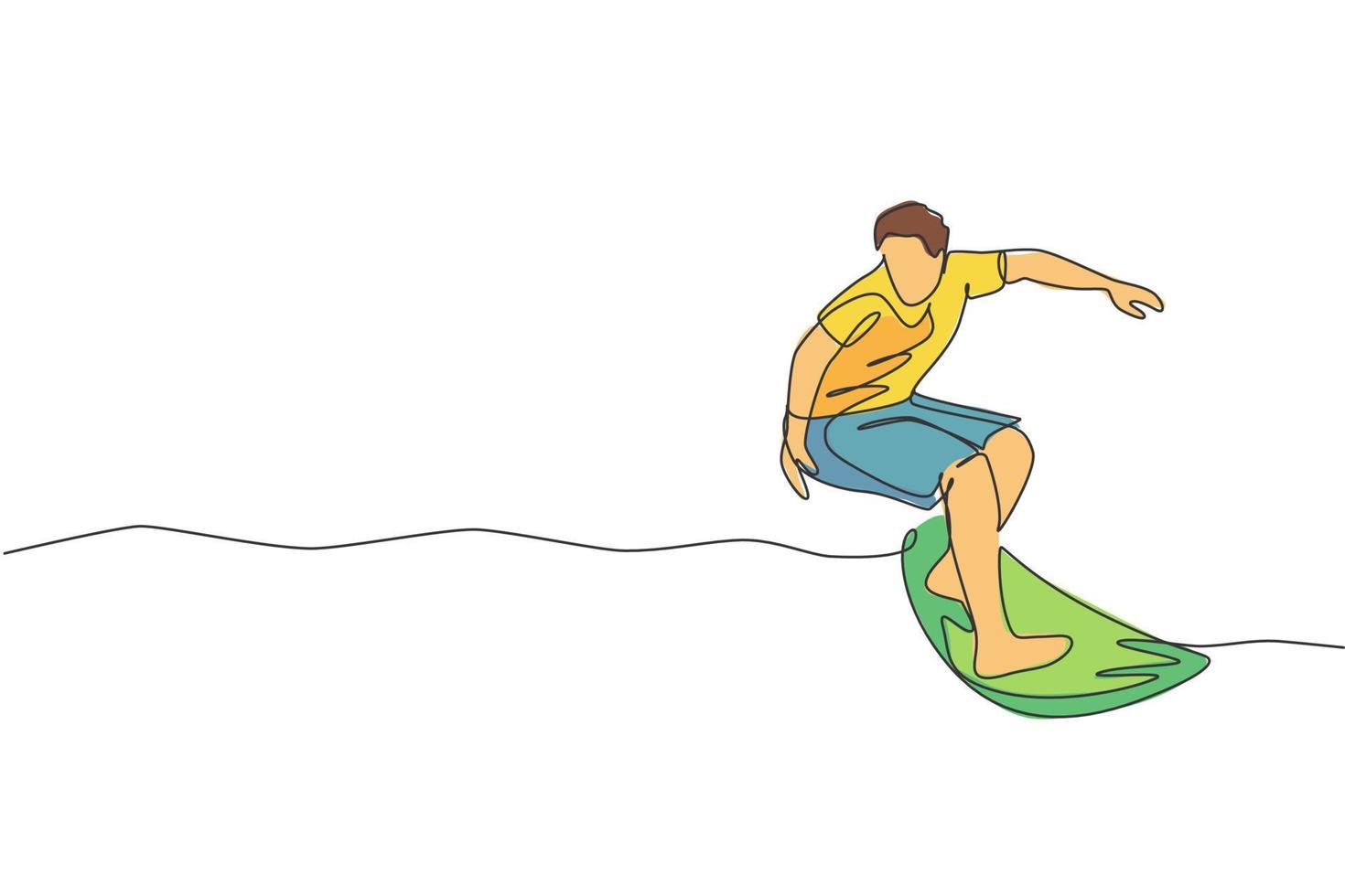 dibujo de una sola línea continua joven surfista profesional en acción montando las olas en el océano azul. concepto de deportes acuáticos extremos. vacaciones de verano. ilustración gráfica de vector de diseño de dibujo de una línea de moda