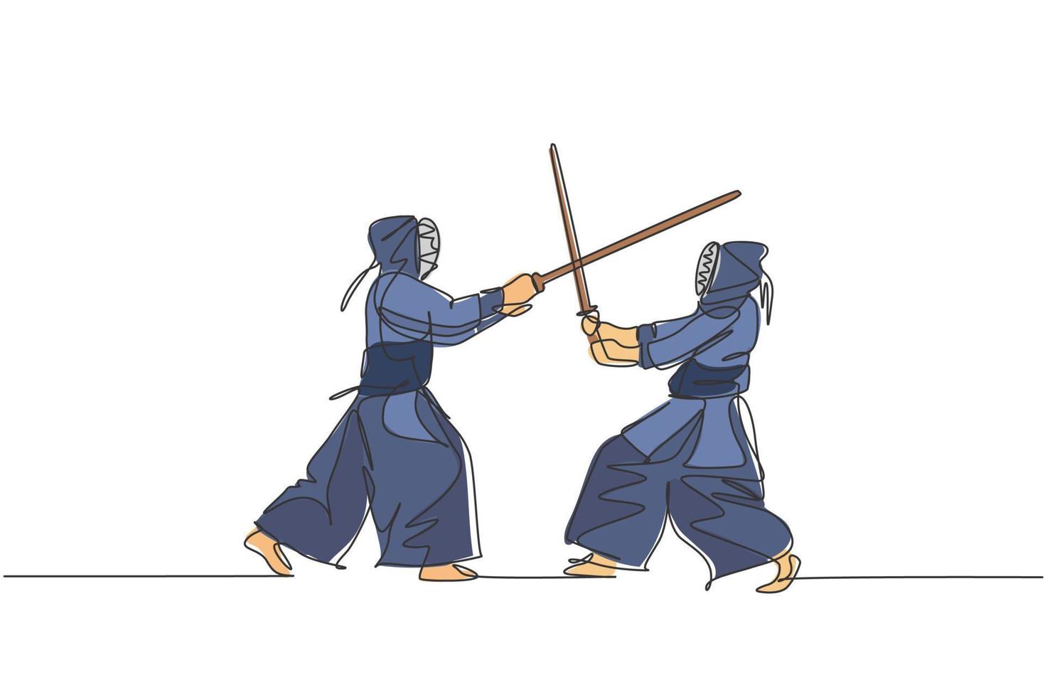 One single line drawing of two young energetic men exercise sparring fight kendo with wooden sword at gym center vector illustration. Combative fight sport concept. Modern continuous line draw design