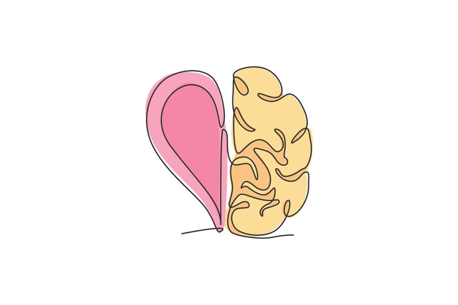 un dibujo de línea continua de la mitad del cerebro humano, la mitad del amor, el icono del logotipo en forma de corazón. concepto de plantilla de símbolo de logotipo de afecto psicológico. Ilustración de vector gráfico de diseño de dibujo de línea única de moda