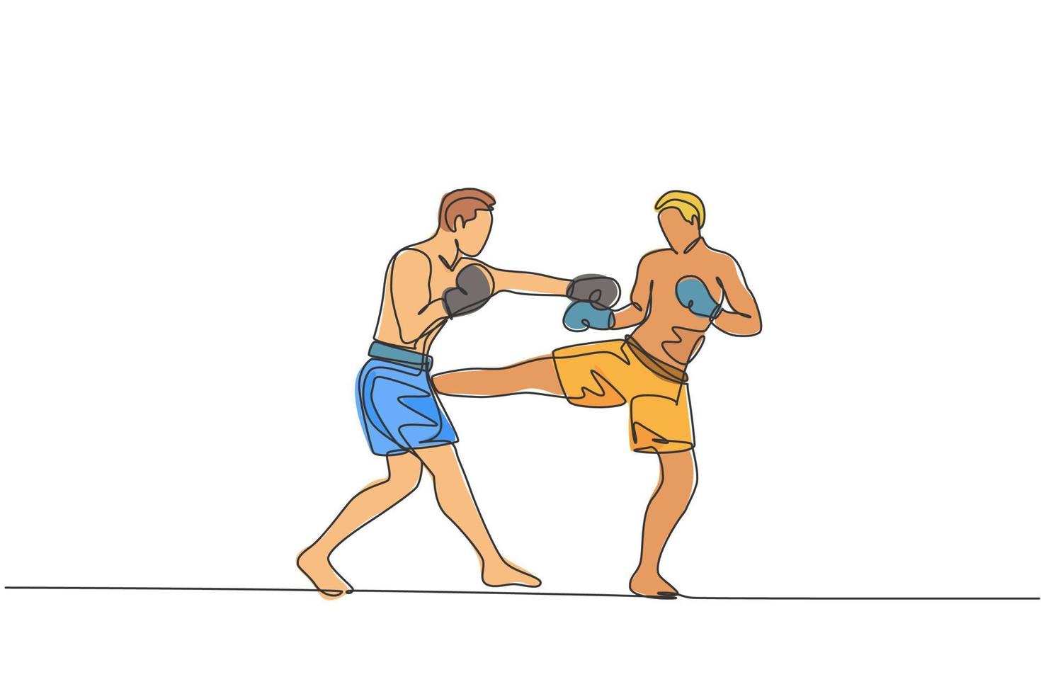 un dibujo de una sola línea de un joven y enérgico kickboxer peleando en un torneo local en el gráfico de ilustración vectorial de la arena de boxeo. concepto de deporte de estilo de vida saludable. diseño moderno de dibujo de línea continua vector