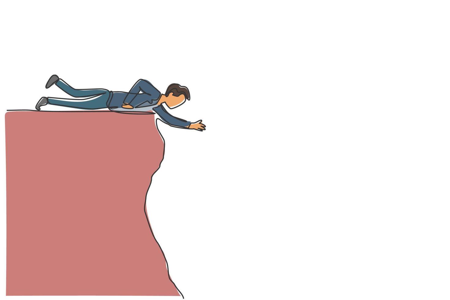 Single continuous line drawing young business man lay down on edge cliff to reach his partner. business teamwork metaphor concept. Minimalism dynamic one line draw. Graphic design vector illustration