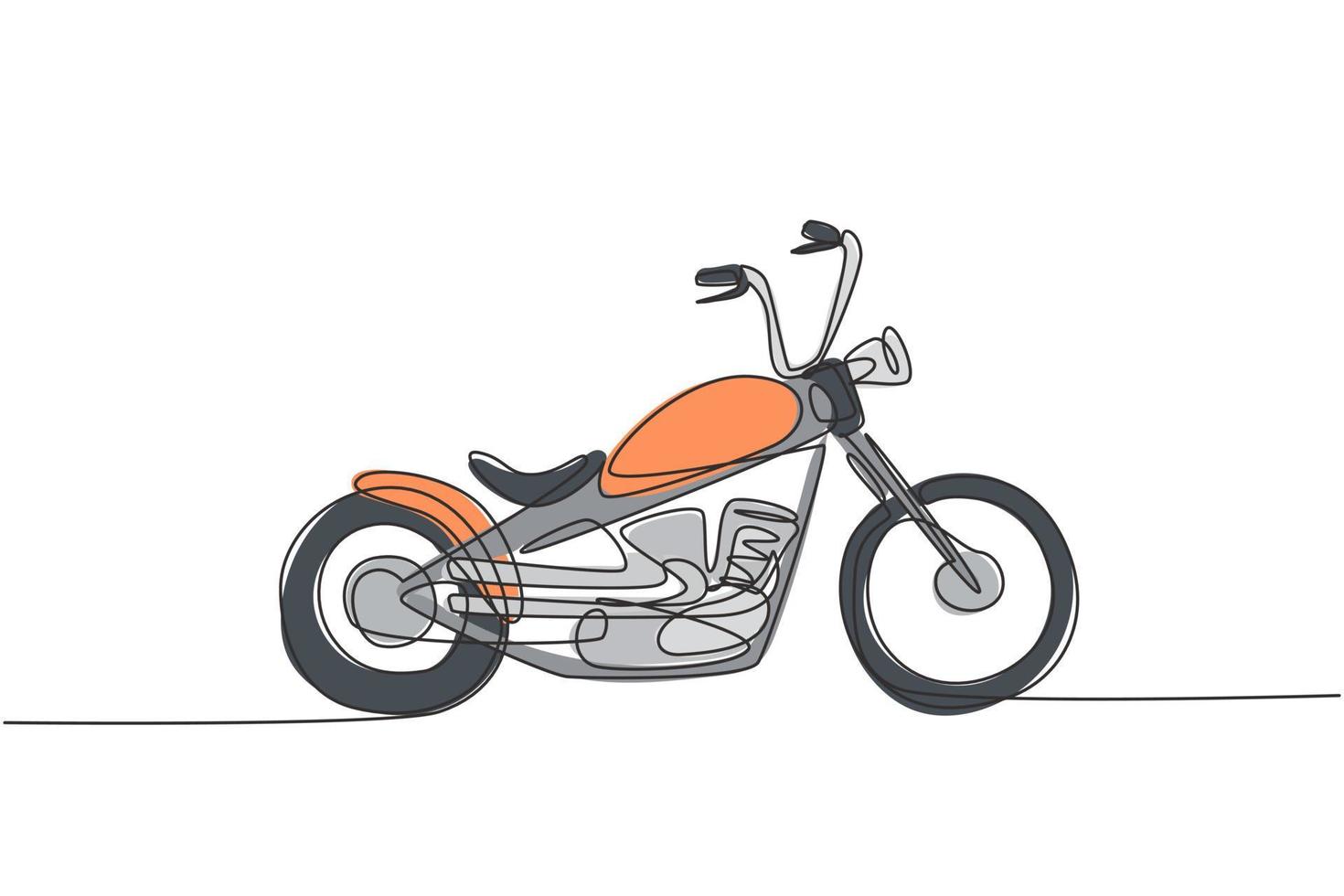 One continuous line drawing of retro old vintage chopper motorcycle icon. Classic motorbike transportation concept single line draw design vector graphic illustration