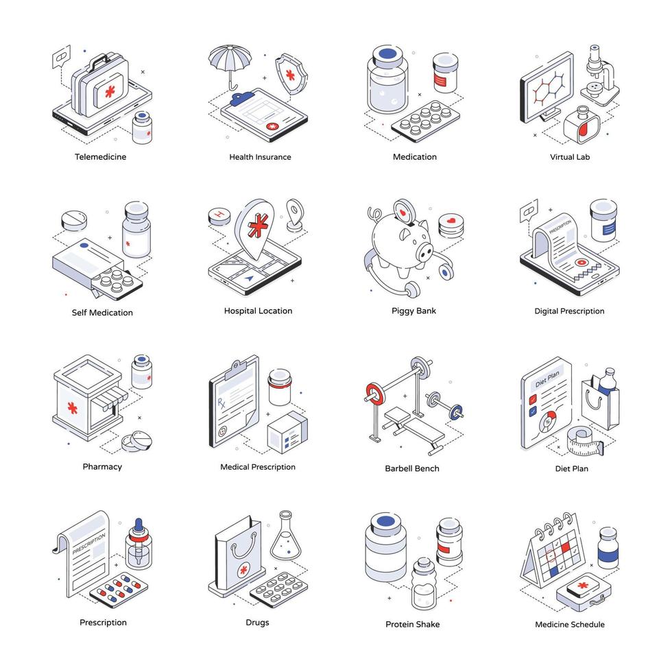 Pack of Medical Isometric Line Icons vector