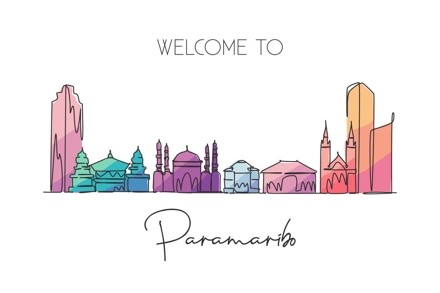 Single continuous line drawing Paramaribo skyline, Suriname. Famous city scraper landscape postcard. World travel destination concept. Editable stroke modern one line draw design vector illustration