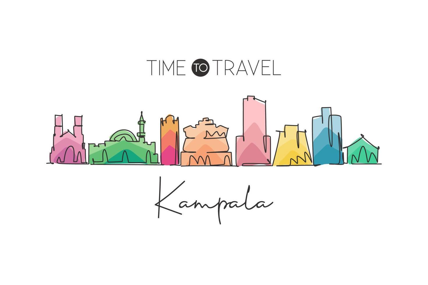 One continuous line drawing of Kampala skyline, Uganda. Beautiful city landmark postcard print. World landscape tourism and travel. Editable stylish stroke single line draw design vector illustration