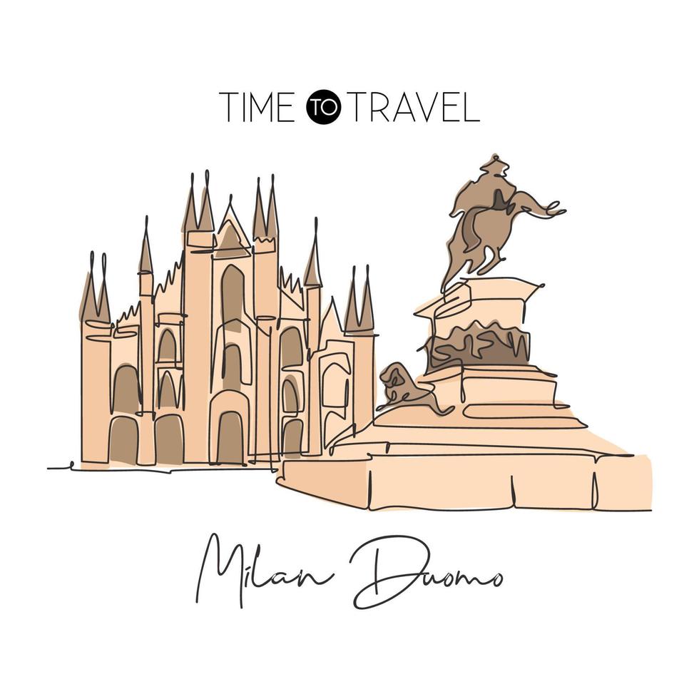 Single continuous line drawing Duomo di Milano landmark. Beautiful famous place in Milan, Italy. World travel tour home wall decor art poster concept. Modern one line draw design vector illustration