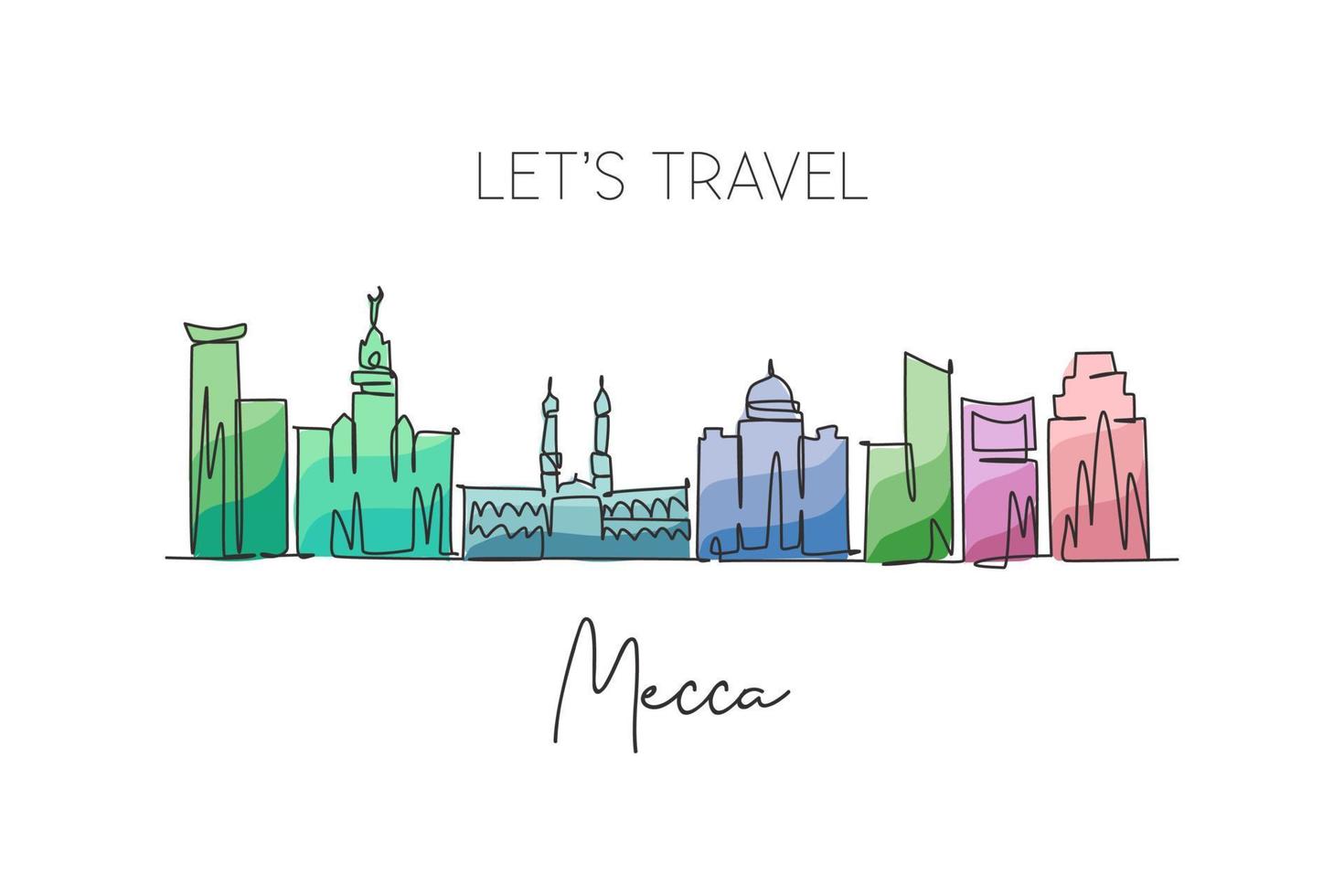 One single line drawing of Mecca city skyline, Saudi Arabia. World historical town landscape. Best holiday destination. Editable stroke trendy continuous line draw design vector graphic illustration