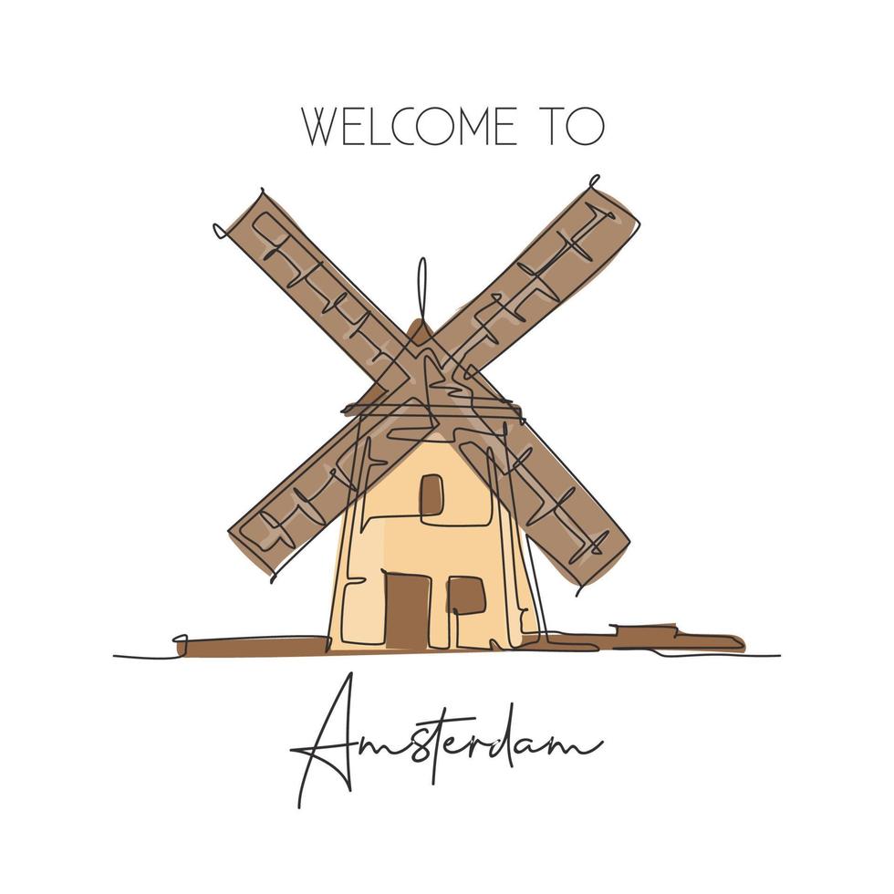 Single continuous line drawing Molen De Adriaan Windmill landmark. Beauty famous place in Netherlands. World travel home decor wall art poster concept. Modern one line draw design vector illustration