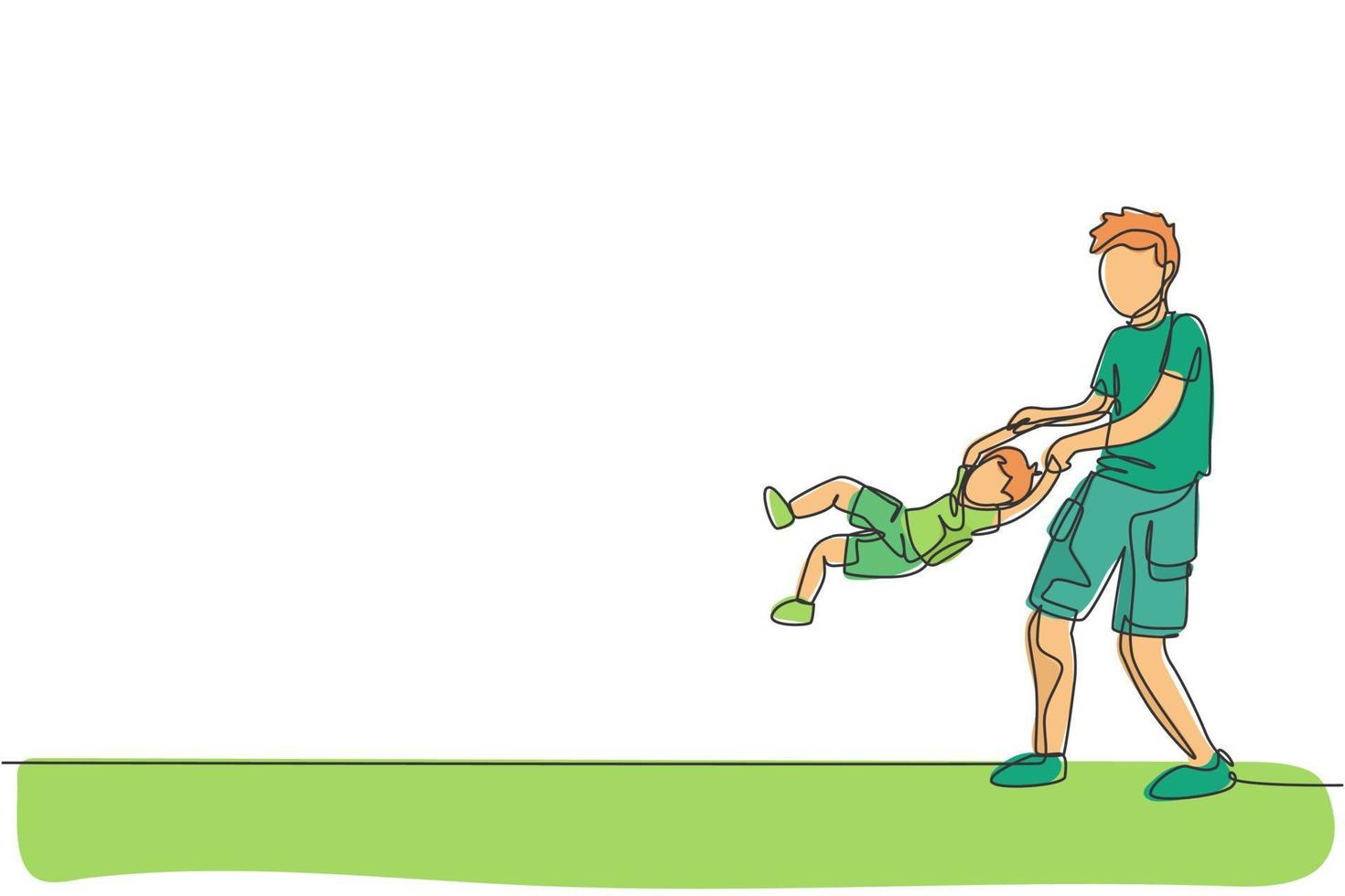 una sola línea dibujando a un padre joven jugando con su hijo, levantando y balanceando su cuerpo, ilustración vectorial gráfica de crianza. familia feliz jugando juntos concepto. diseño moderno de dibujo de línea continua vector