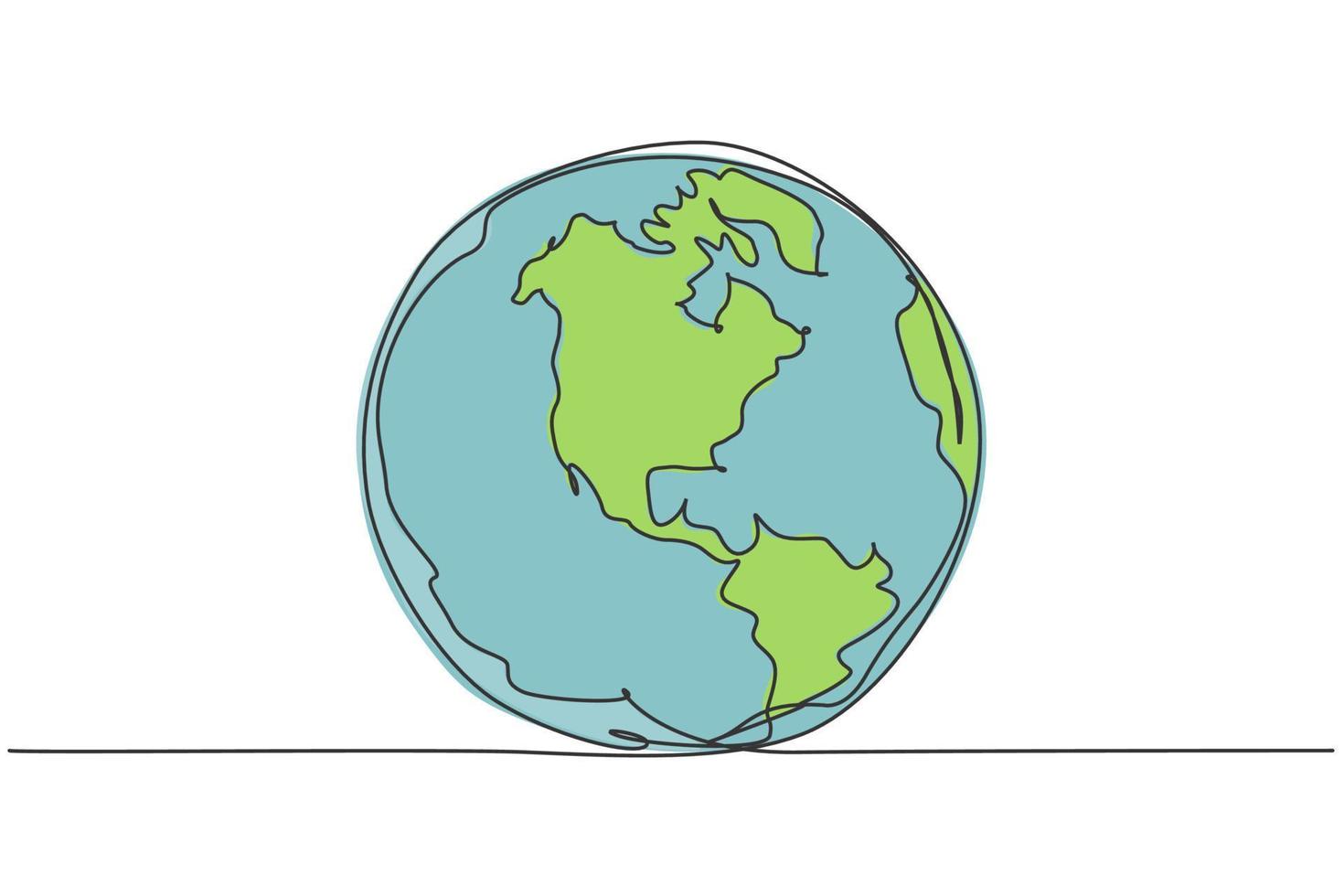 globo terráqueo redondo. dibujo continuo de una línea del diseño minimalista del ejemplo del vector del mapa del mundo en el fondo blanco. línea simple dibujar estilo gráfico moderno. concepto gráfico dibujado a mano para la educación