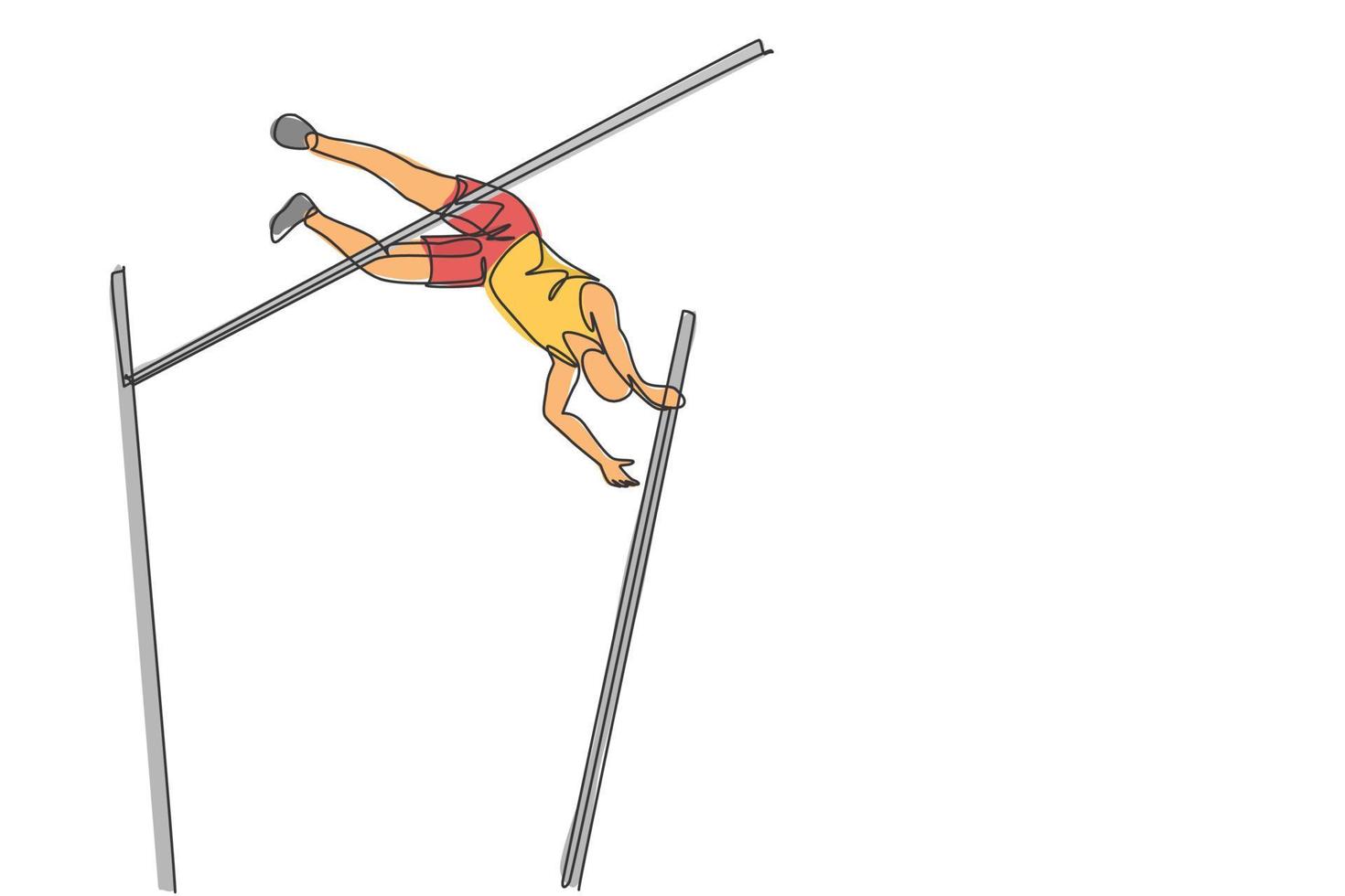 One continuous line drawing of young sporty man practicing to pass pole vault bar in the field. Healthy athletic sport concept. Championship event. Dynamic single line draw design vector illustration