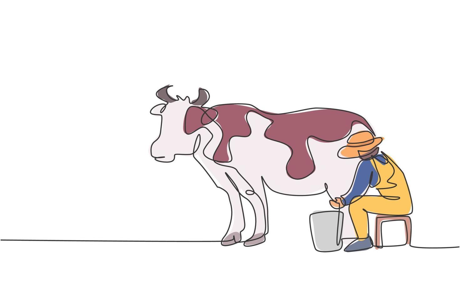 Continuous one line drawing young female farmer milking a cow with traditional way. A successful harvest activity minimalism concept. Single line draw design vector graphic illustration