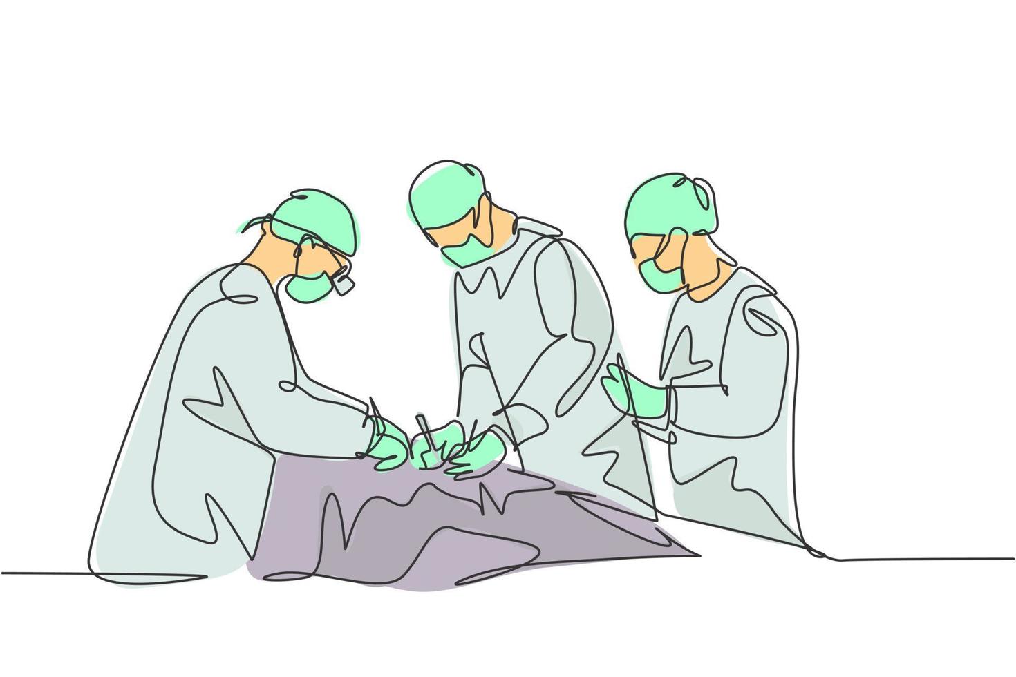 Un solo grupo de dibujo continuo de una sola línea de un médico cirujano del equipo que realiza una operación quirúrgica al paciente con una condición crítica. concepto de cirugía operativa ilustración de vector de diseño de dibujo de una línea