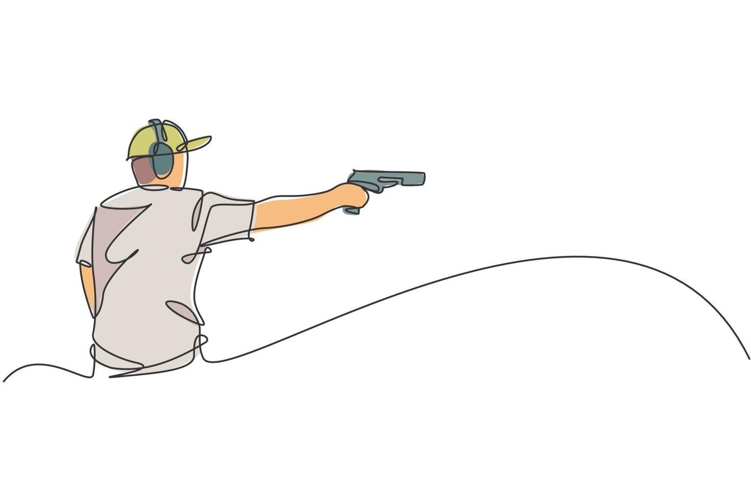 Single continuous line drawing of young athlete man shooter holding gun and training to aim target tactical shooting. Shooting sport training concept. Trendy one line draw design vector illustration