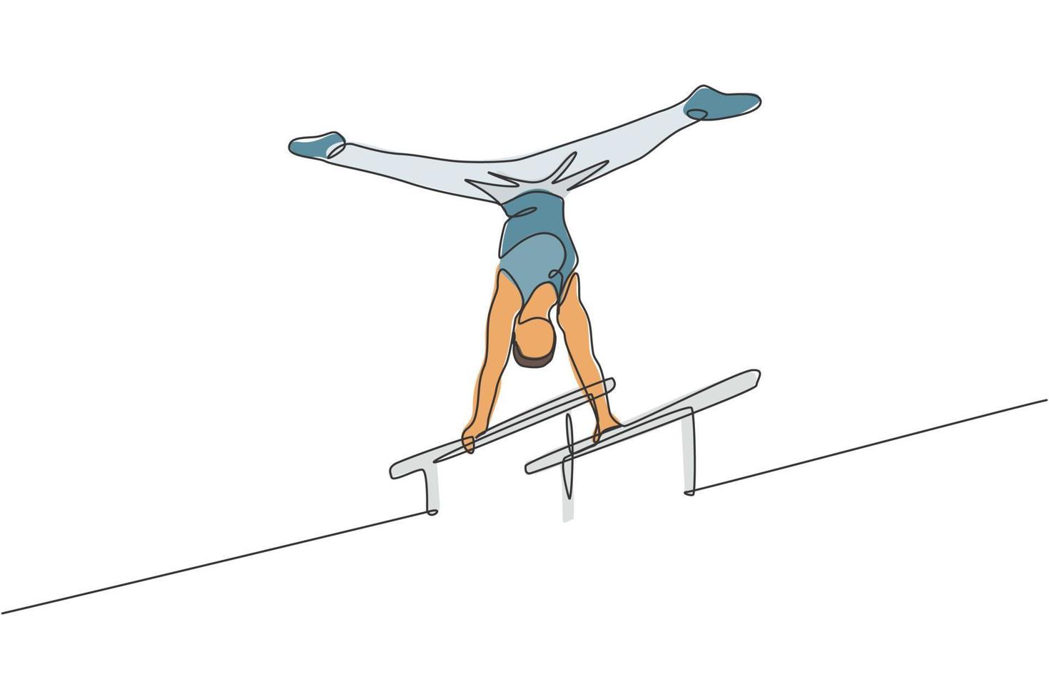 One single line drawing of young handsome gymnast man exercising parallel bars vector graphic illustration. Healthy lifestyle and athletic sport concept. Modern continuous line draw design