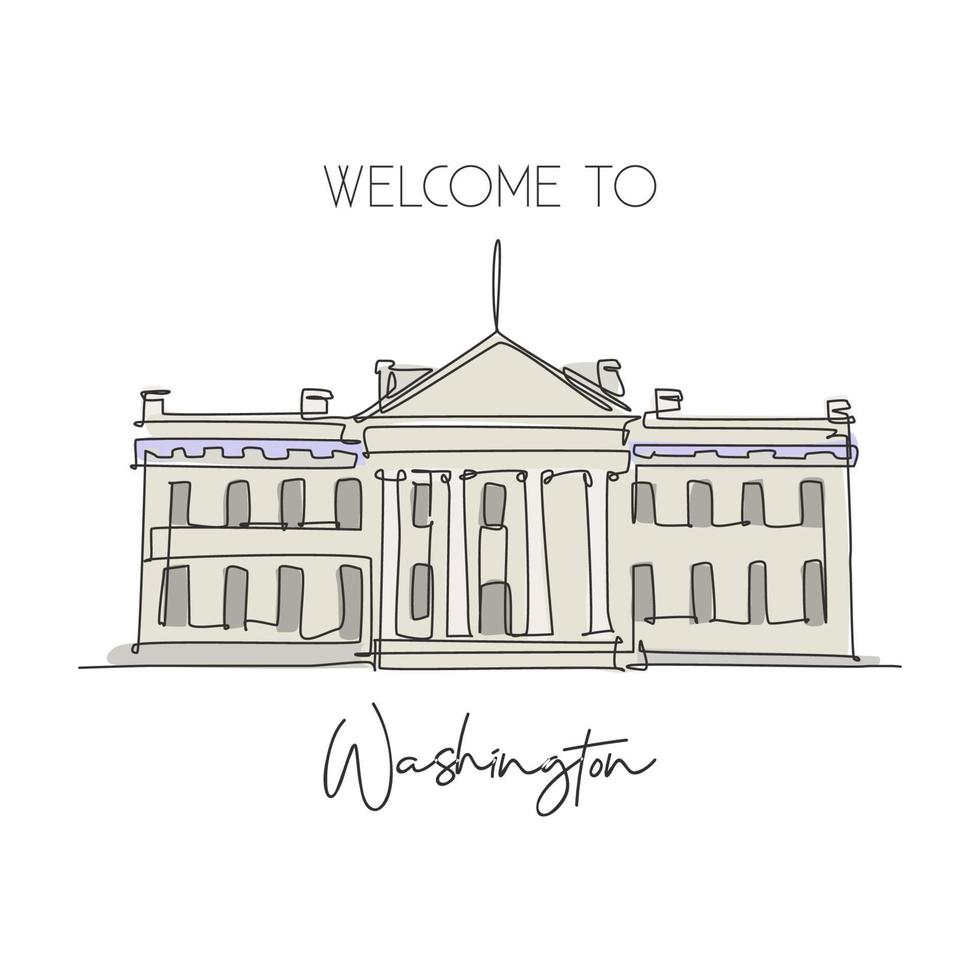 dibujo de una sola línea continua de bienvenida al punto de referencia de la casa blanca. lugar famoso de belleza en washington dc, estados unidos. concepto de campaña de viajes mundiales. Ilustración de vector de diseño de dibujo de una línea moderna