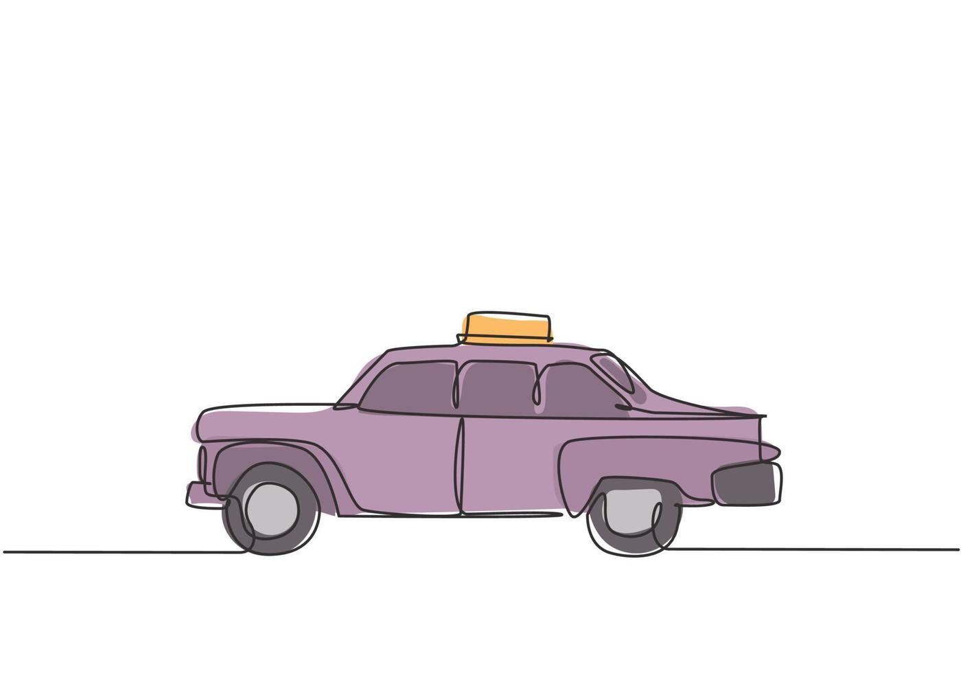 Continuous one line drawing old taxi cars that are still operating serve passengers to get around to historical places. Vintage holiday facilities. Single line draw design vector graphic illustration.