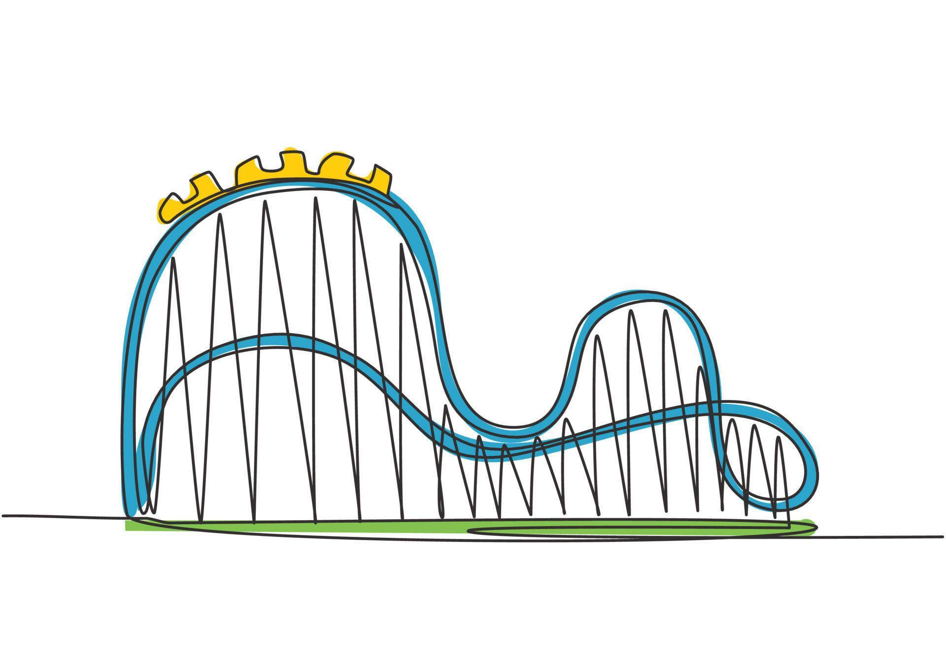 Single continuous line drawing of a roller coaster in an amusement park