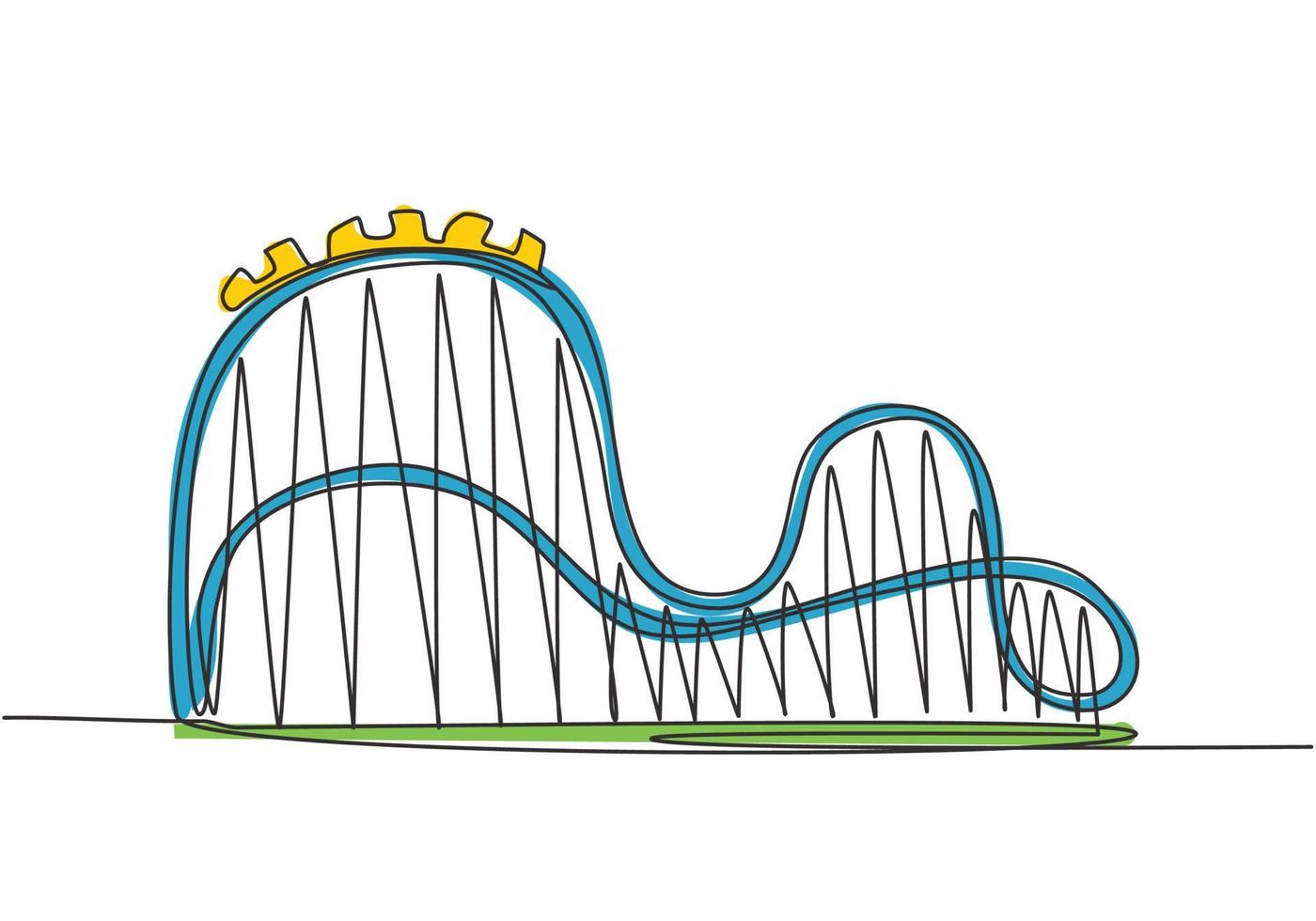 Single continuous line drawing of a roller coaster in an amusement park with a track high into the sky. Funfair festival play in outdoor concept. One line draw graphic design vector illustration.