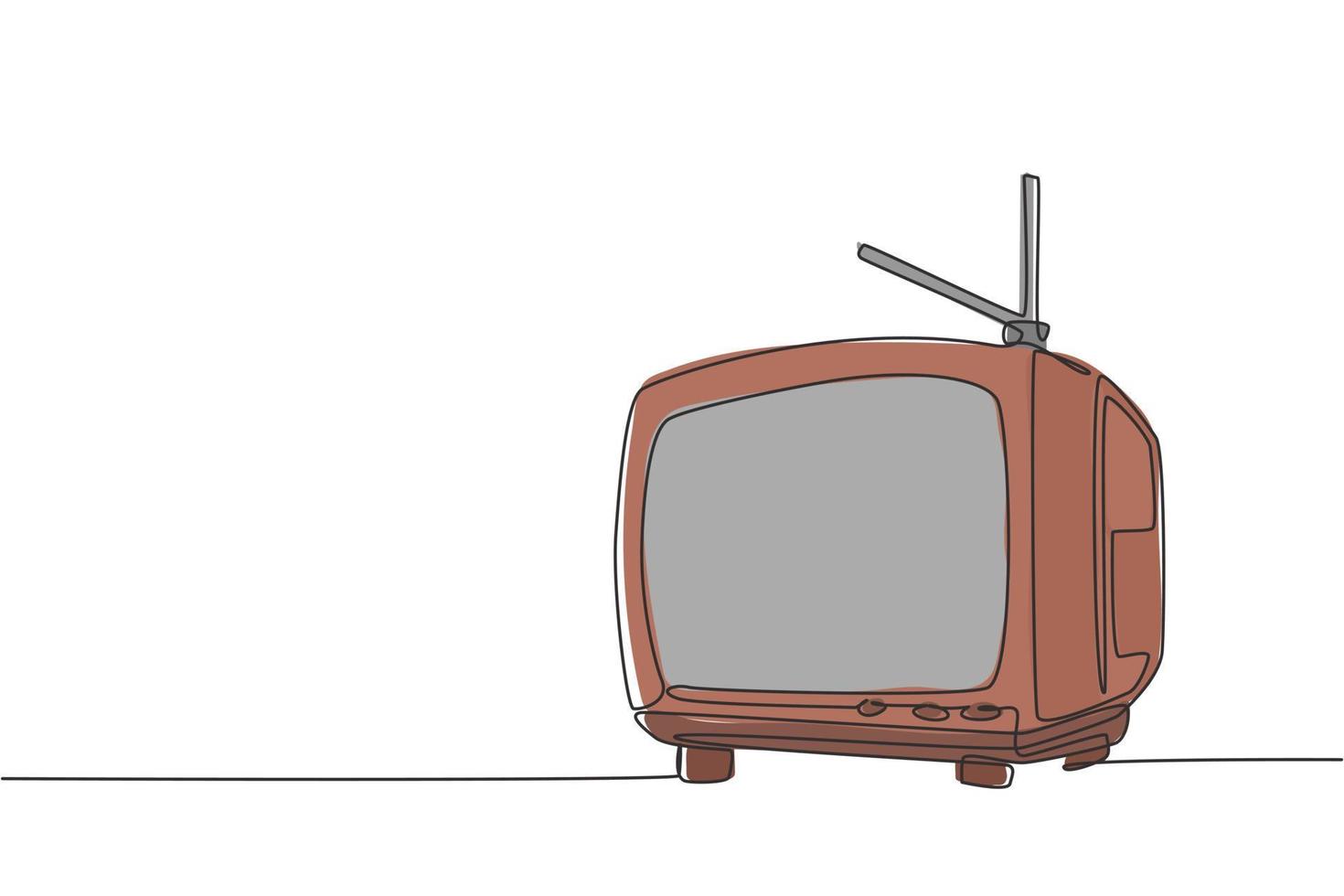 Single continuous line drawing of retro old fashioned tv with internal antenna. Classic vintage analog television concept one line graphic draw design vector illustration