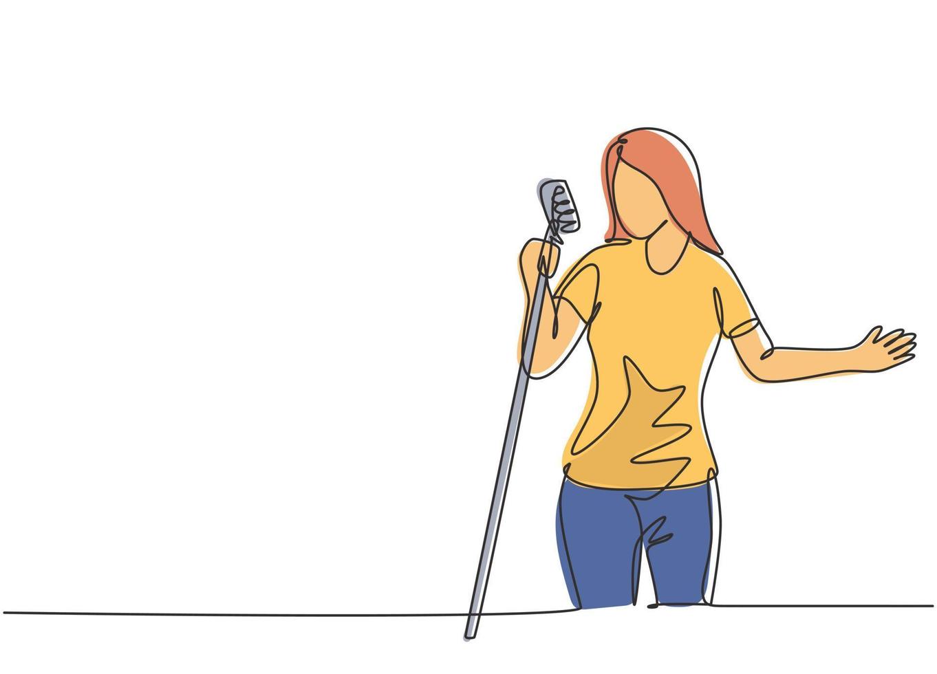 One single line drawing of young happy female singer holding a microphone and singing on music concert. Musician artist performance concept continuous line draw graphic design vector illustration