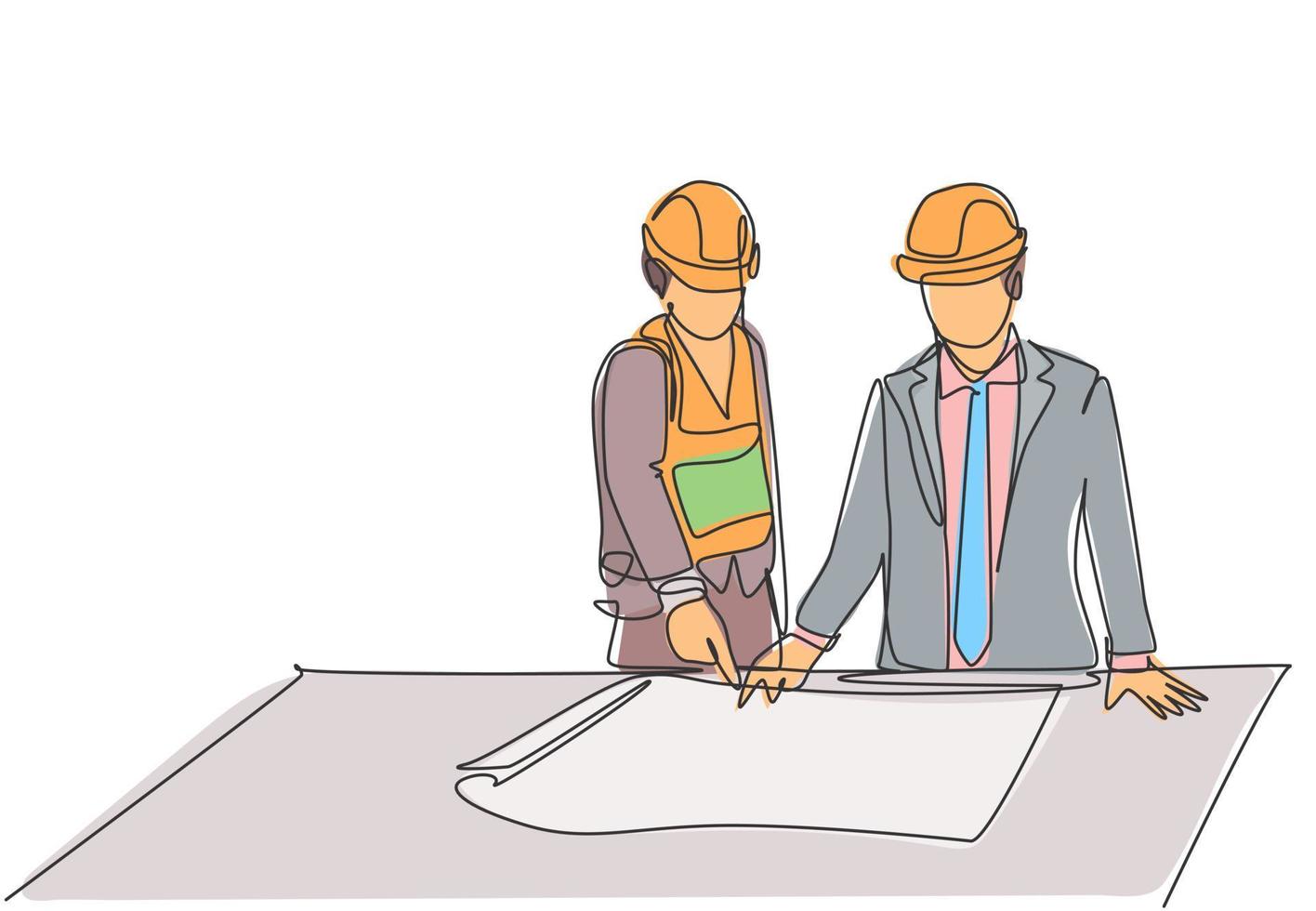 One single line drawing of young architect explaining sketch construction design to the manager. Building architecture business concept. Continuous line draw design illustration vector