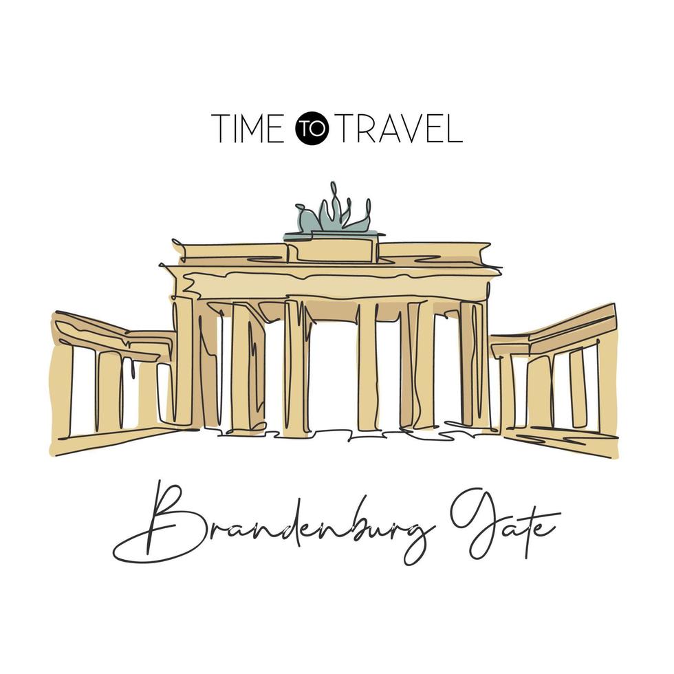 Single continuous line drawing Brandenburg Gate landmark. Beautiful famous place in Berlin, Germany. World travel home wall decor poster print concept. Modern one line draw design vector illustration