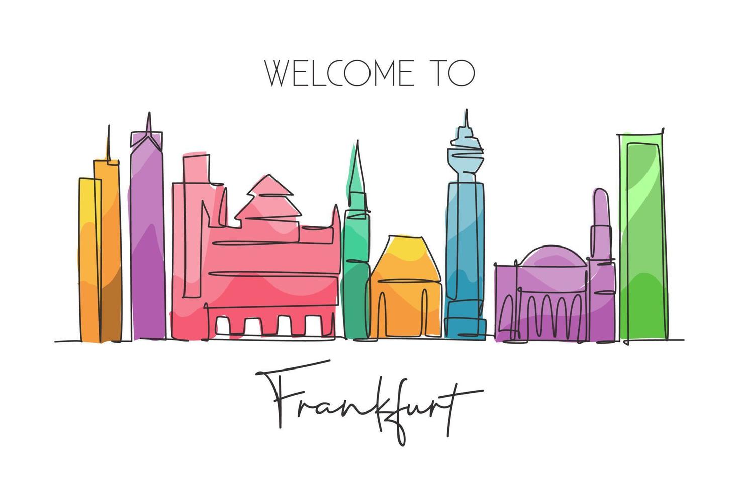 Single continuous line drawing of Frankfurt city skyline, Germany. Famous skyscraper landscape. World travel wall decor home art poster print concept. Modern one line draw design vector illustration