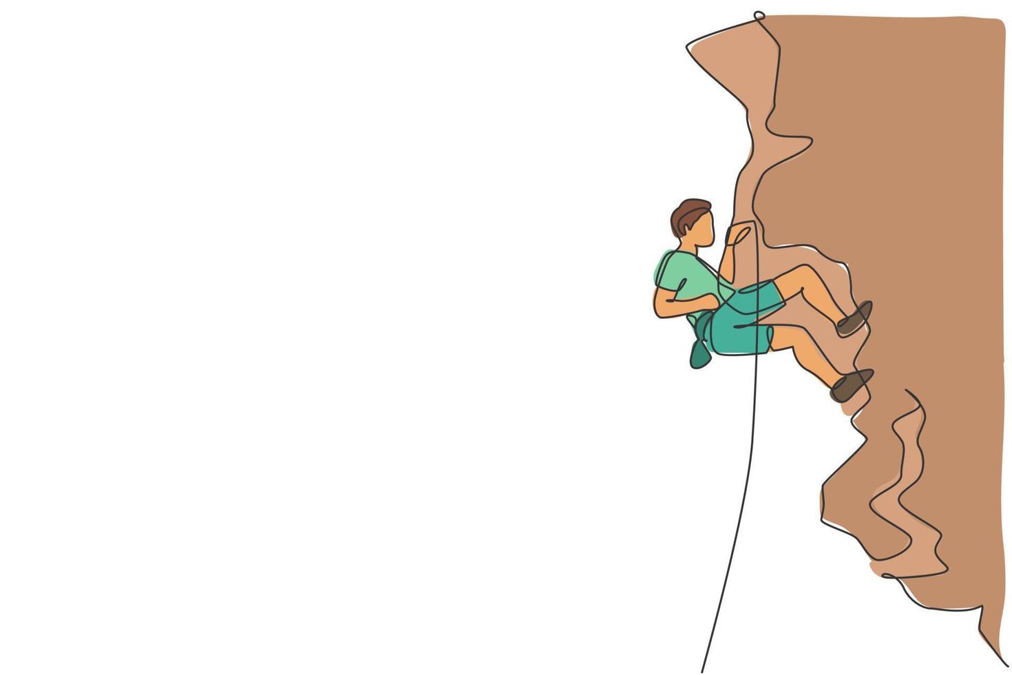 One single line drawing of young active man climbing on cliff mountain holding safety rope vector graphic illustration. Extreme outdoor sport and bouldering concept. Modern continuous line draw design