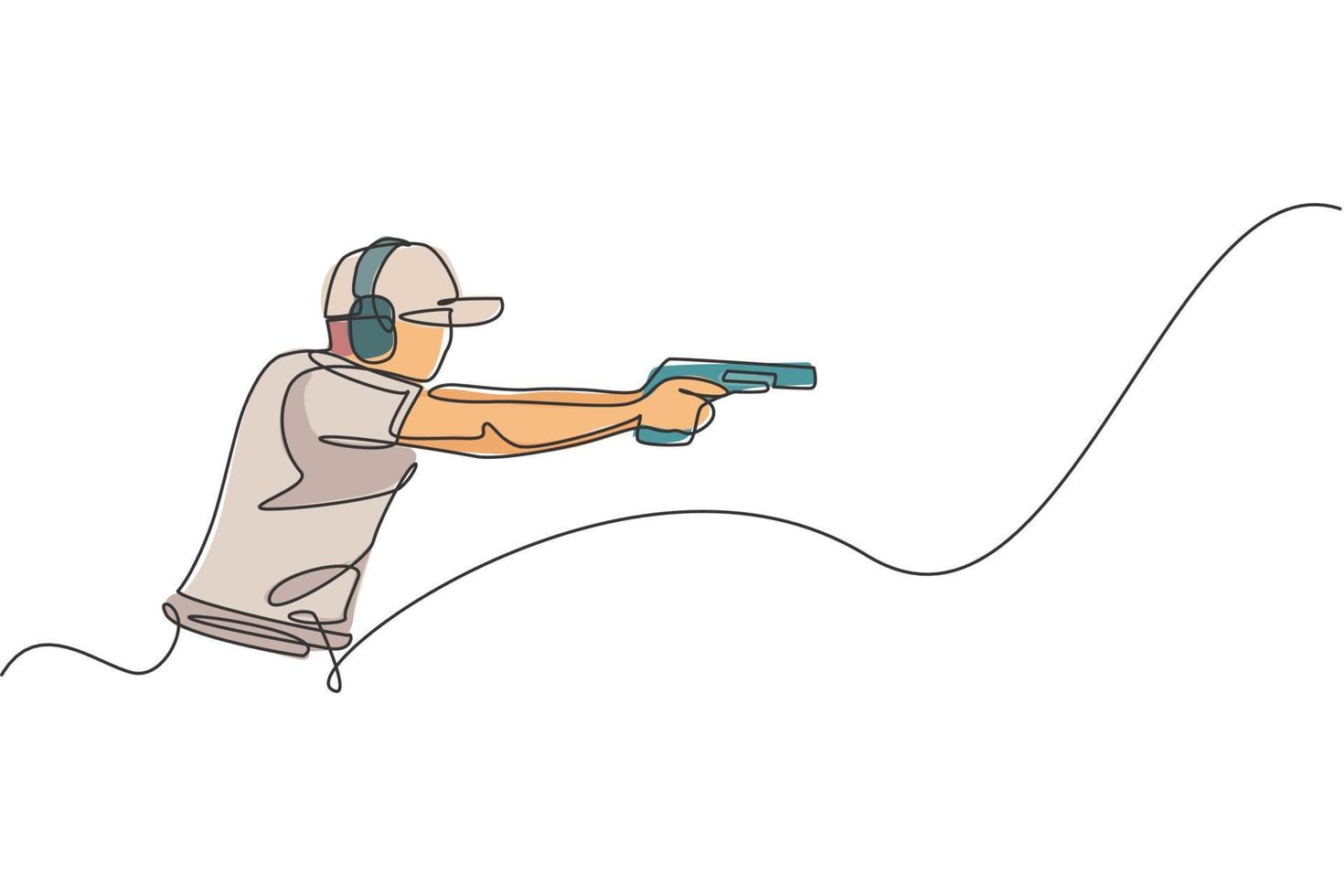 Single continuous line drawing of young athlete man shooter holding gun and training to aim target tactical shooting. Shooting sport training concept. Trendy one line draw design vector illustration