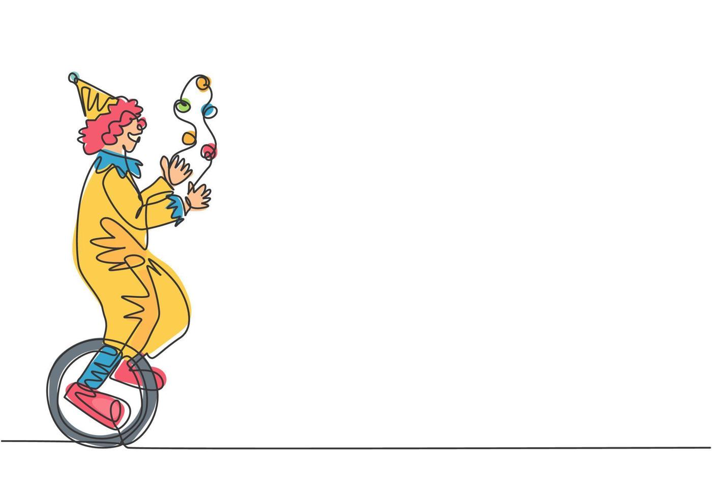 una línea continua dibujando un payaso masculino haciendo malabares en una bicicleta. el payaso que jugaba fue muy divertido y entretuvo a la audiencia. evento de espectáculo de circo. Ilustración gráfica de vector de diseño de dibujo de una sola línea.