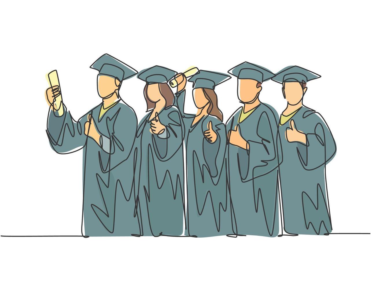 One line drawing group of young happy graduate male and female college student wearing gown and holding diploma certificate paper. Education concept continuous line draw design vector illustration