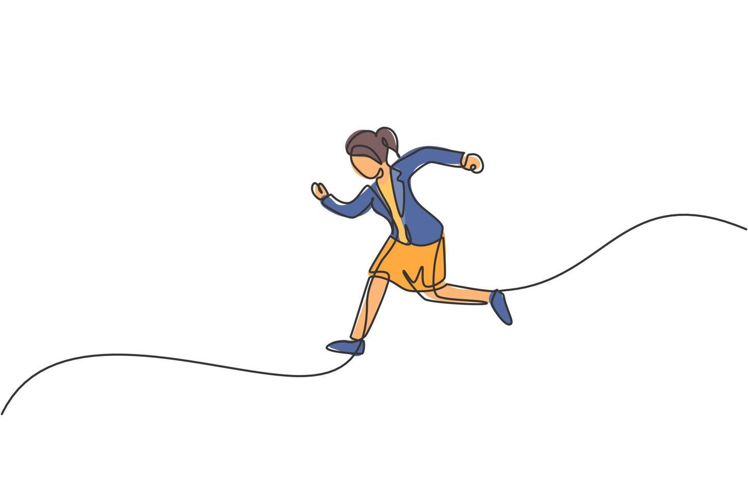 Single one line drawing of young businesswoman jumping high up to the sky. Business leap increasing. Metaphor minimal concept. Modern continuous line draw design graphic vector illustration