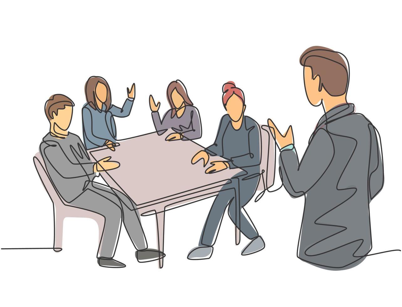 One single line drawing of young happy manager leading presentation of company annual report at the office. Business meeting concept. Trendy continuous line draw graphic design vector illustration
