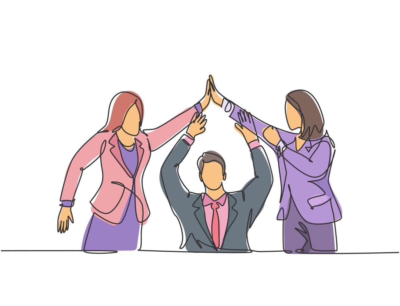 One line drawing group of two young assistant manager celebrating their successive goal with high five gesture. Business deal concept continuous line draw design vector graphic illustration