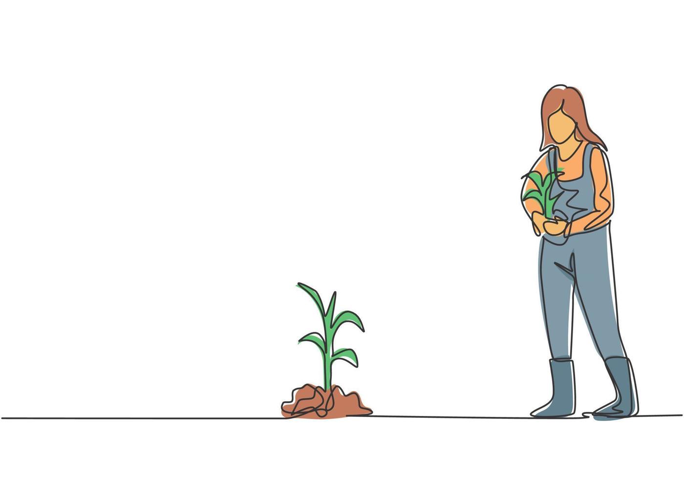 dibujo de línea continua única joven agricultora traer cultivos para plantar en campos agrícolas. concepto de minimalismo de actividades agrícolas exitosas. Ilustración de vector de diseño gráfico de dibujo dinámico de una línea.