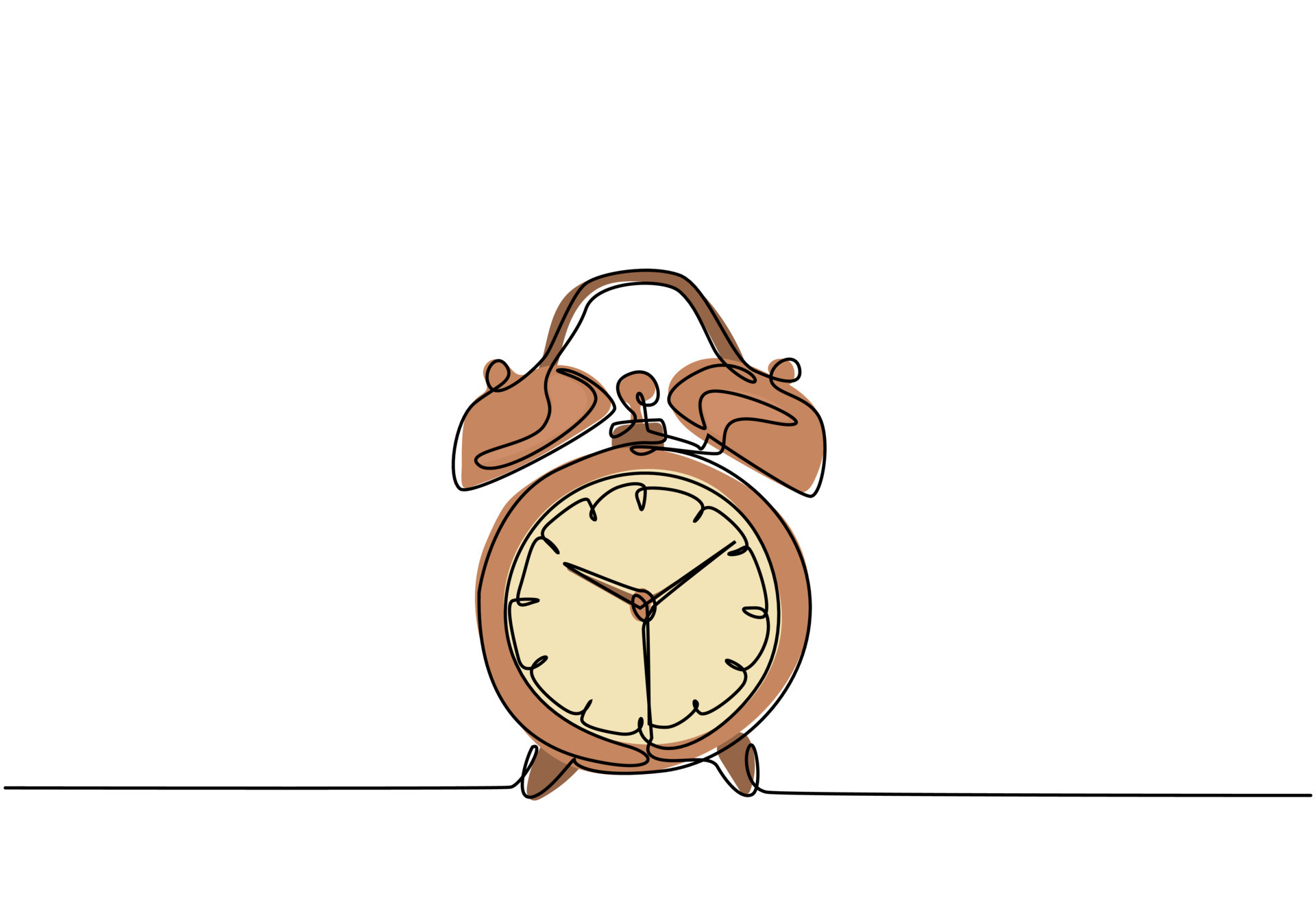 One continuous line drawing of classic analog desk alarm clock with big