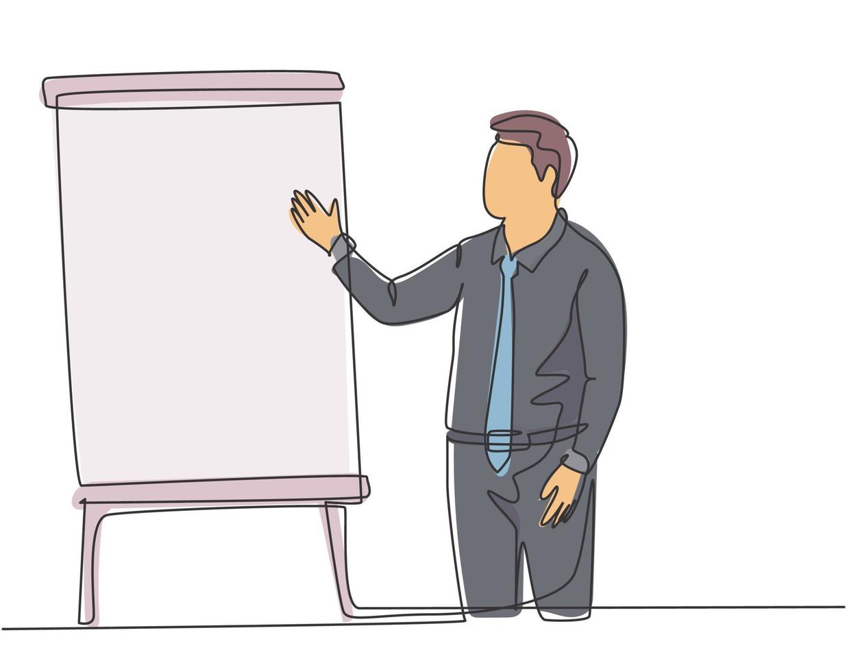 One continuous line drawing of young presenter delivering increasing product sales report to finance manager. Business presentation at the office concept single line draw design vector illustration