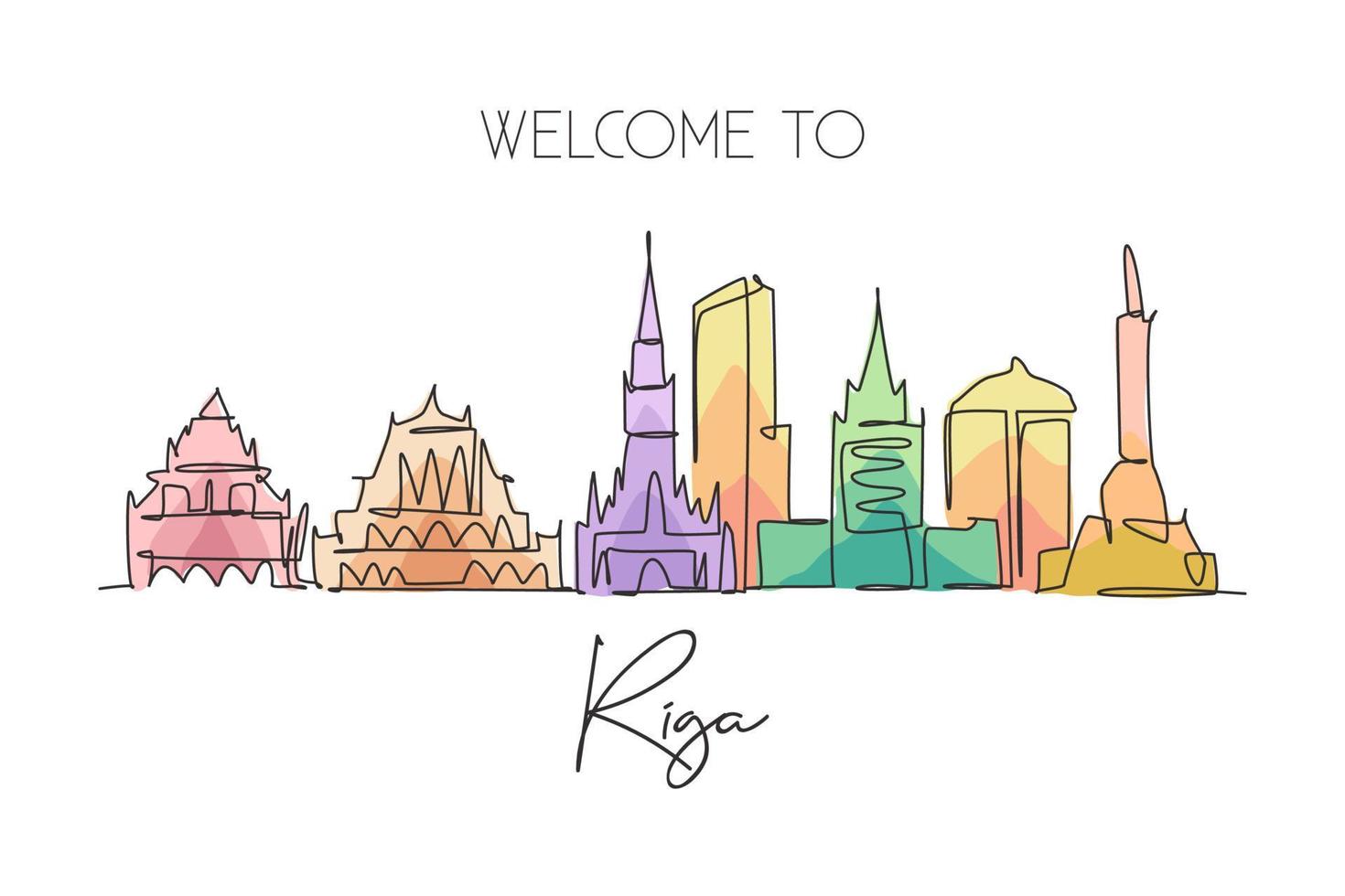 One single line drawing of Riga city skyline, Latvia. Historical town landscape in world. Best holiday destination poster print. Editable stroke trendy continuous line draw design vector illustration