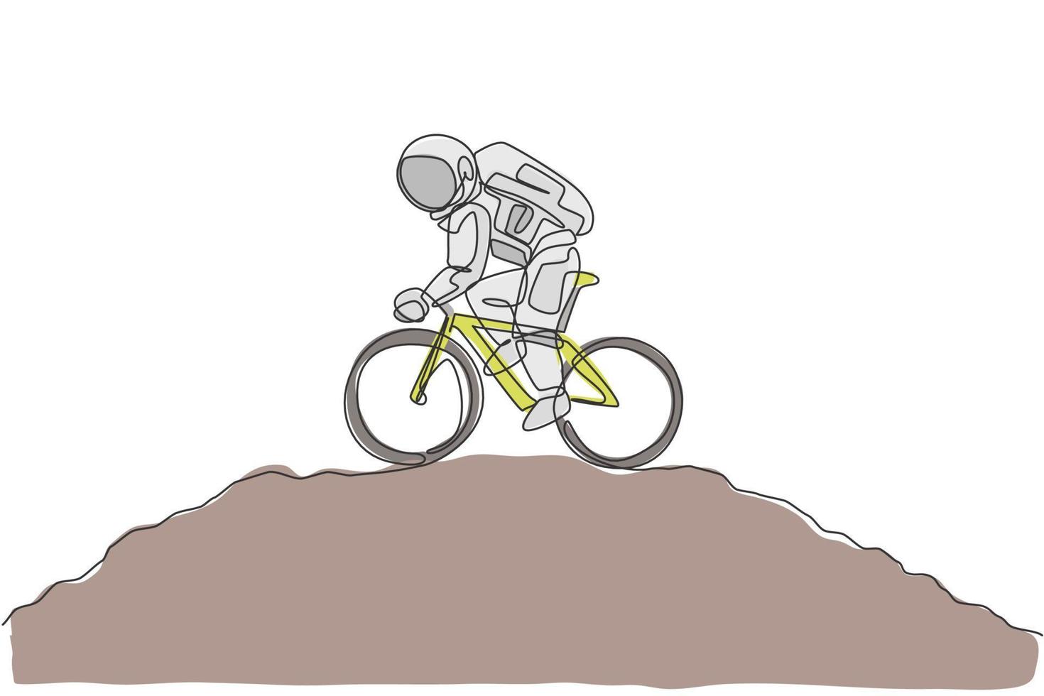 un dibujo de una sola línea de la bicicleta de la práctica del astronauta del astronauta en la ilustración del vector de la galaxia cósmica de la superficie de la luna. concepto de deporte de estilo de vida cosmonauta espacial saludable. diseño moderno de dibujo de línea continua
