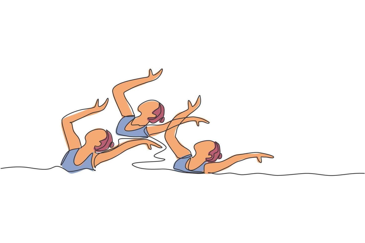 One single line drawing of young beauty women swimmer performing synchronized routine of elaborate moves in the water vector illustration. Team water sport event concept. Modern continuous line draw