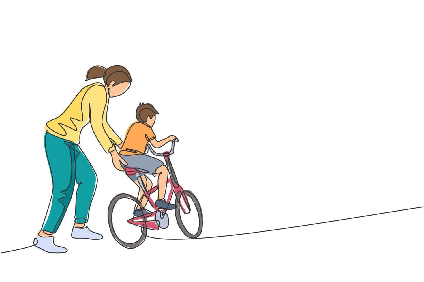 One single line drawing of young mother teaching her son riding bicycle at public park vector graphic illustration. Motherhood lesson. Urban family time concept. Modern continuous line draw design