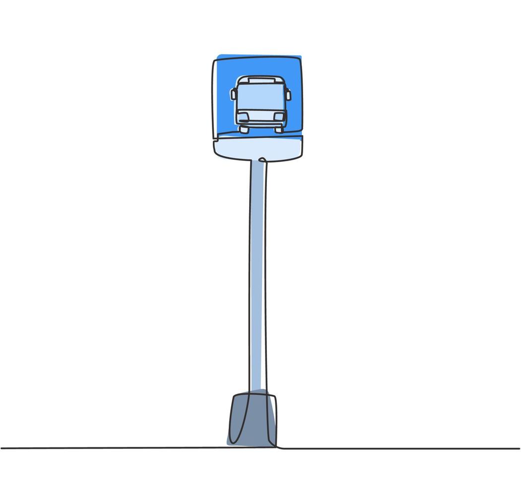 dibujo de una sola línea de una parada de autobús con una señal de autobús simple ubicada al costado de una vía urbana donde los pasajeros suben y bajan. Ilustración de vector gráfico de diseño de dibujo de línea continua moderna.