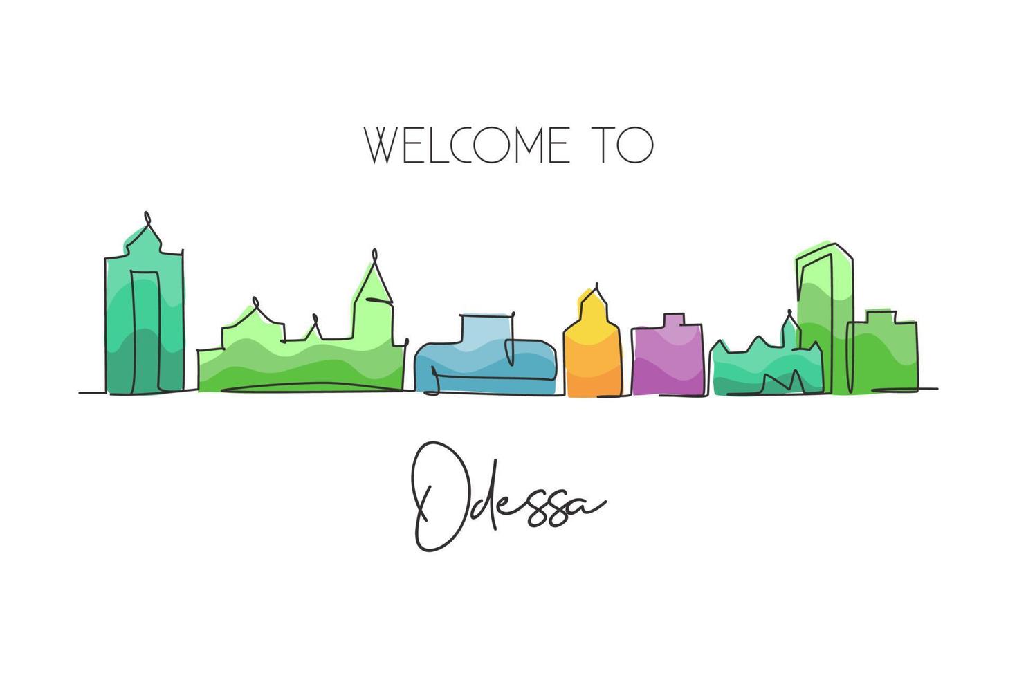 dibujo de una sola línea del horizonte de la ciudad de odessa, texas. postal del paisaje de la ciudad histórica mundial. mejor destino de vacaciones. trazo editable moda línea continua dibujar diseño gráfico vectorial ilustración vector