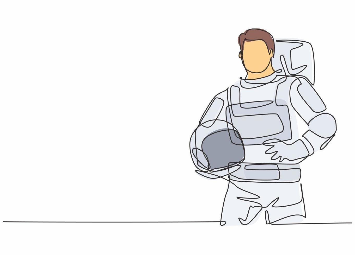 Single continuous line drawing of young male astronaut holding helmet. Professional work job occupation. Minimalism concept one line draw graphic design vector illustration